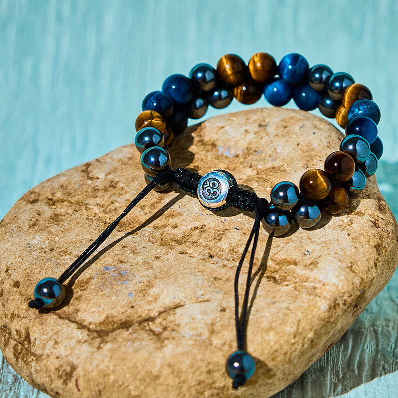 Wear FengShui Natural Blue Tiger Eye Black Magnetite Om Pattern Double Row Beads Strength Bracelet