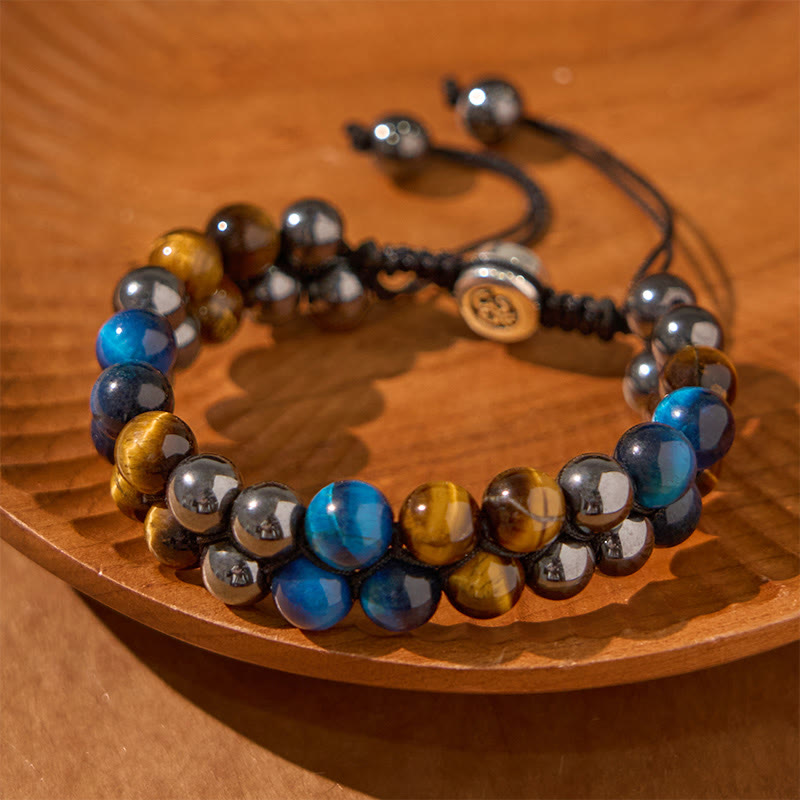 Wear FengShui Natural Blue Tiger Eye Black Magnetite Om Pattern Double Row Beads Strength Bracelet