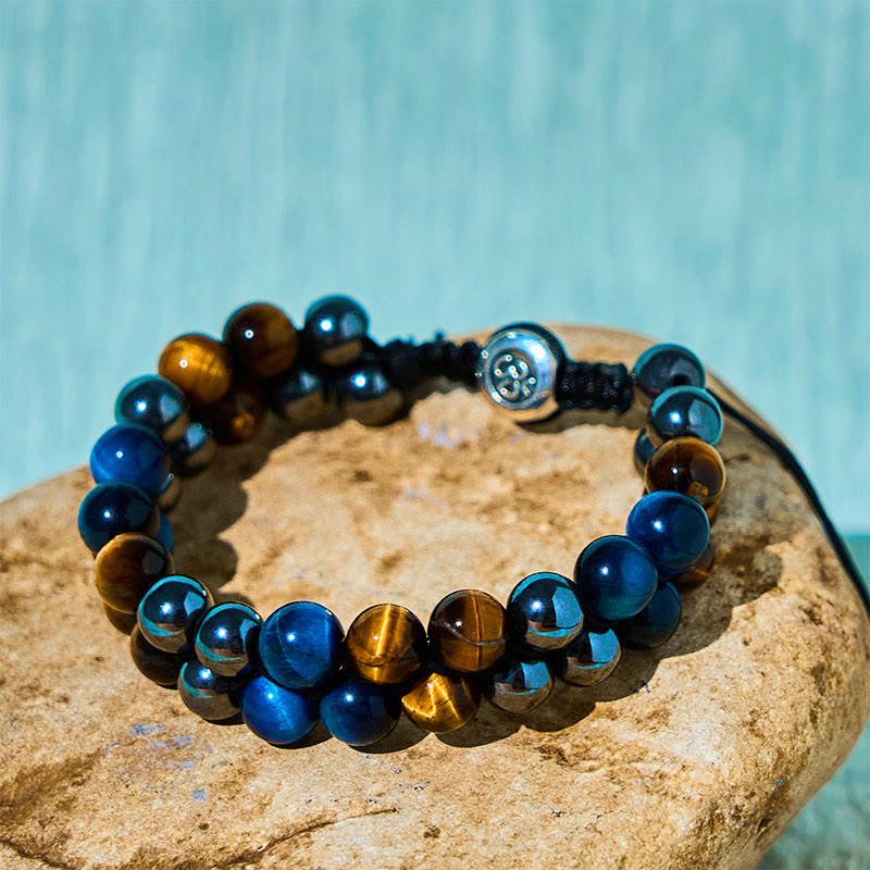 Wear FengShui Natural Blue Tiger Eye Black Magnetite Om Pattern Double Row Beads Strength Bracelet