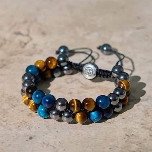 Wear FengShui Natural Blue Tiger Eye Black Magnetite Om Pattern Double Row Beads Strength Bracelet