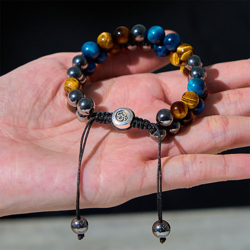 Wear FengShui Natural Blue Tiger Eye Black Magnetite Om Pattern Double Row Beads Strength Bracelet