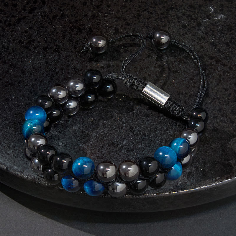 Wear FengShui Natural Blue Tiger Eye Black Magnetite Black Obsidian Double Row Beads Protection Bracelet