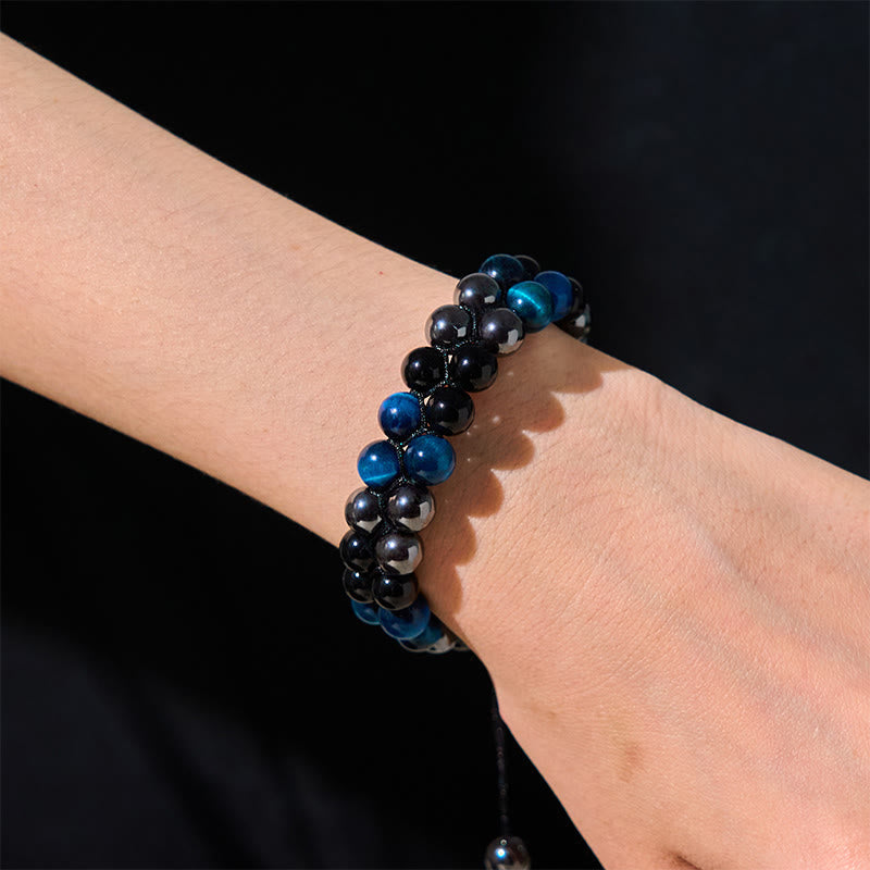 Wear FengShui Natural Blue Tiger Eye Black Magnetite Black Obsidian Double Row Beads Protection Bracelet
