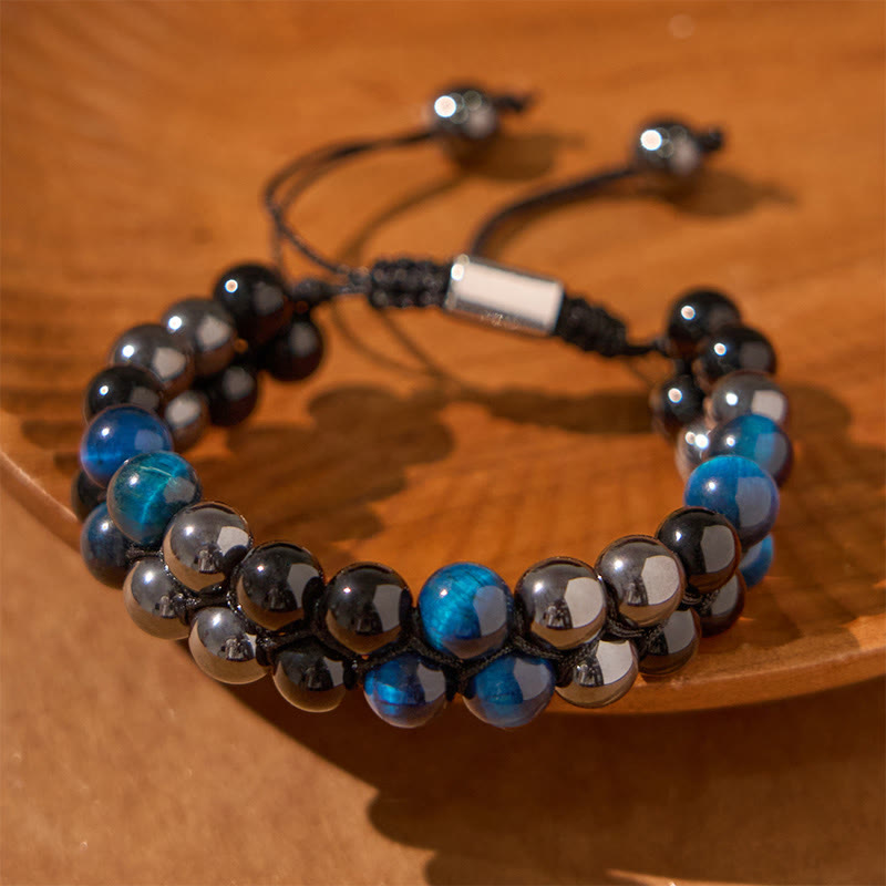 Wear FengShui Natural Blue Tiger Eye Black Magnetite Black Obsidian Double Row Beads Protection Bracelet