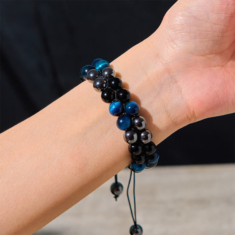 Wear FengShui Natural Blue Tiger Eye Black Magnetite Black Obsidian Double Row Beads Protection Bracelet