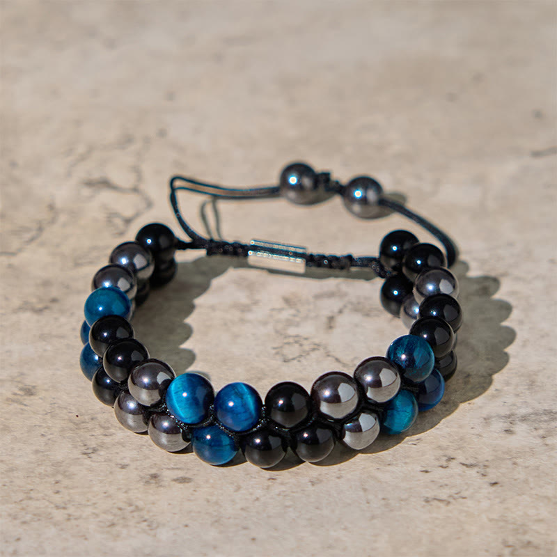 Wear FengShui Natural Blue Tiger Eye Black Magnetite Black Obsidian Double Row Beads Protection Bracelet