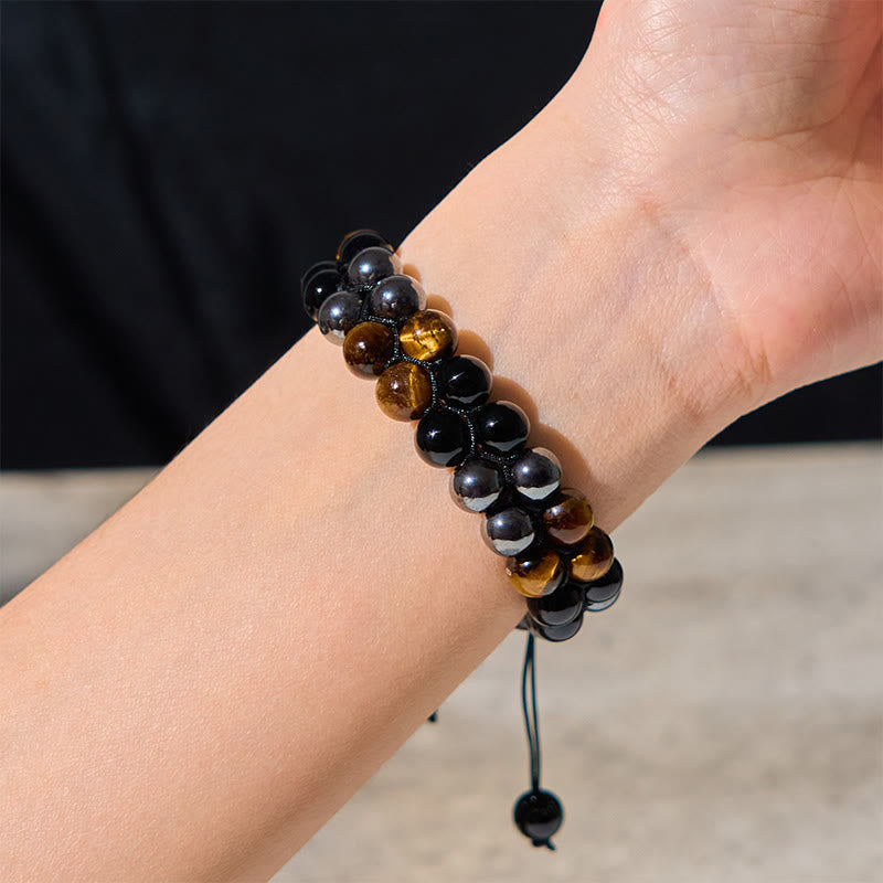 Wear FengShui Natural Tiger Eye Black Magnetite Black Onyx Double Row Beads Protection Bracelet