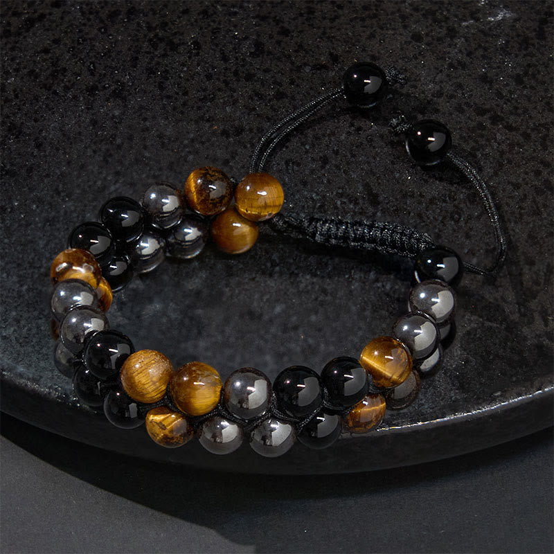 Wear FengShui Natural Tiger Eye Black Magnetite Black Onyx Double Row Beads Protection Bracelet