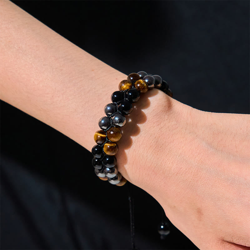 Wear FengShui Natural Tiger Eye Black Magnetite Black Onyx Double Row Beads Protection Bracelet