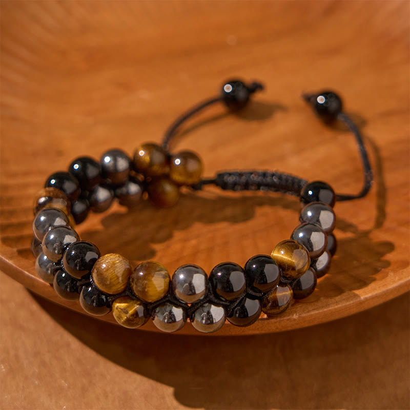 Wear FengShui Natural Tiger Eye Black Magnetite Black Onyx Double Row Beads Protection Bracelet