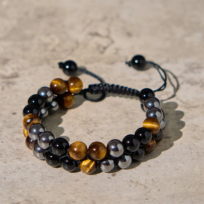 Wear FengShui Natural Tiger Eye Black Magnetite Black Onyx Double Row Beads Protection Bracelet