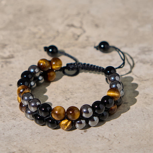 Wear FengShui Natural Tiger Eye Black Magnetite Black Onyx Double Row Beads Protection Bracelet