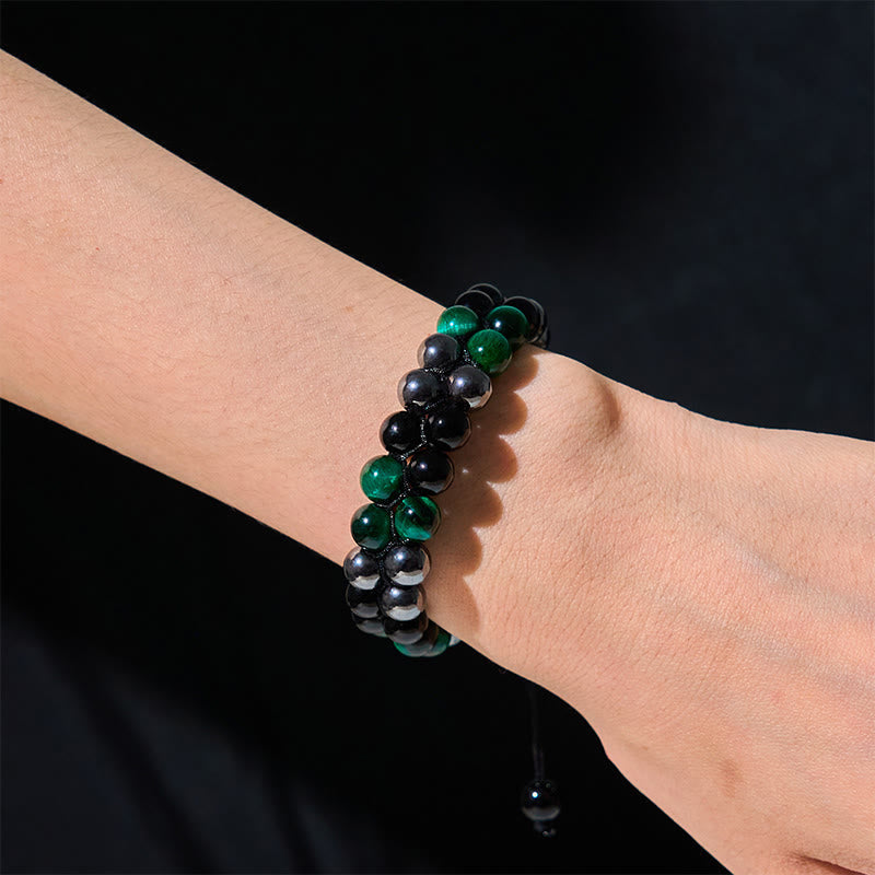 Wear FengShui Natural Green Tiger Eye Black Magnetite Black Obsidian Double Row Beads Positive Bracelet