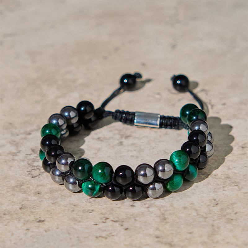 Wear FengShui Natural Green Tiger Eye Black Magnetite Black Obsidian Double Row Beads Positive Bracelet