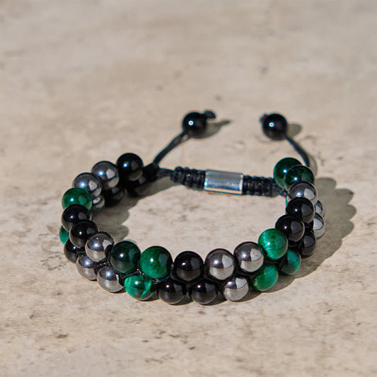 Wear FengShui Natural Green Tiger Eye Black Magnetite Black Obsidian Double Row Beads Positive Bracelet