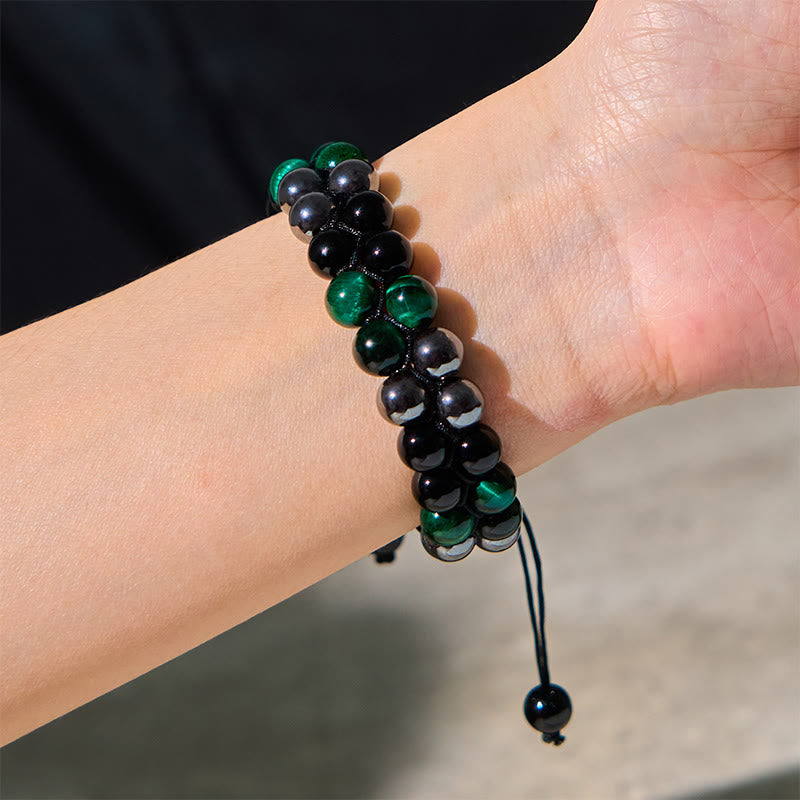 Wear FengShui Natural Green Tiger Eye Black Magnetite Black Obsidian Double Row Beads Positive Bracelet