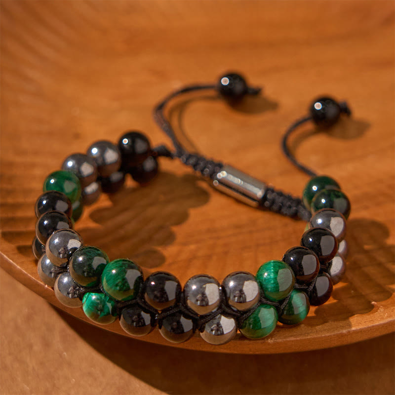 Wear FengShui Natural Green Tiger Eye Black Magnetite Black Obsidian Double Row Beads Positive Bracelet