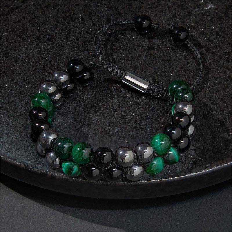 Wear FengShui Natural Green Tiger Eye Black Magnetite Black Obsidian Double Row Beads Positive Bracelet