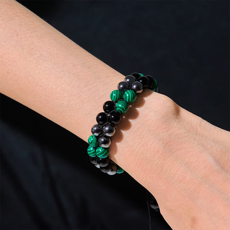 Wear FengShui Natural Malachite Black Magnetite Black Obsidian Double Row Beads Anti-Anxiety Bracelet