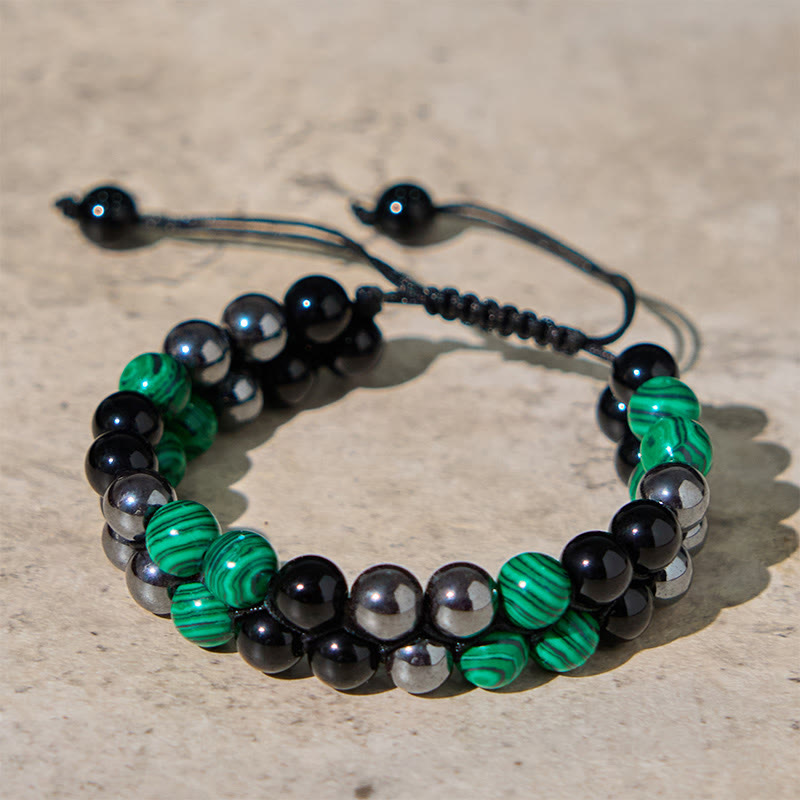 Wear FengShui Natural Malachite Black Magnetite Black Obsidian Double Row Beads Anti-Anxiety Bracelet