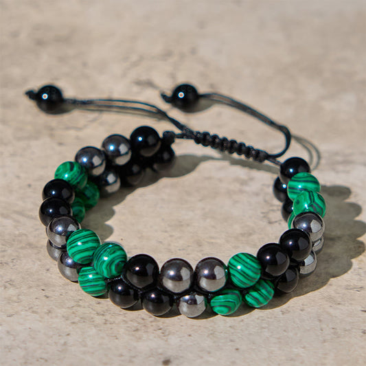 Wear FengShui Natural Malachite Black Magnetite Black Obsidian Double Row Beads Anti-Anxiety Bracelet