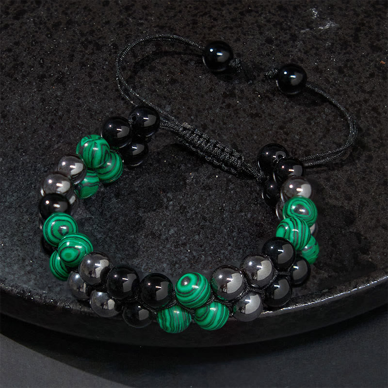 Wear FengShui Natural Malachite Black Magnetite Black Obsidian Double Row Beads Anti-Anxiety Bracelet