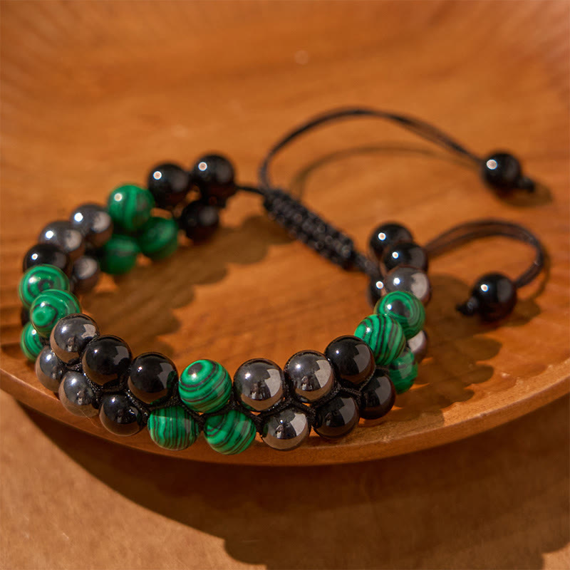 Wear FengShui Natural Malachite Black Magnetite Black Obsidian Double Row Beads Anti-Anxiety Bracelet