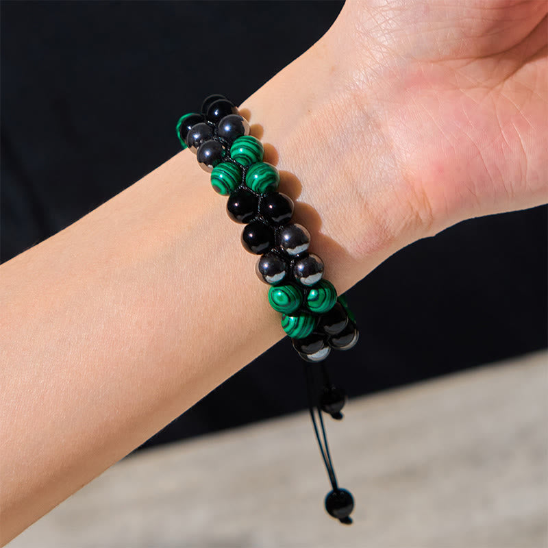 Wear FengShui Natural Malachite Black Magnetite Black Obsidian Double Row Beads Anti-Anxiety Bracelet