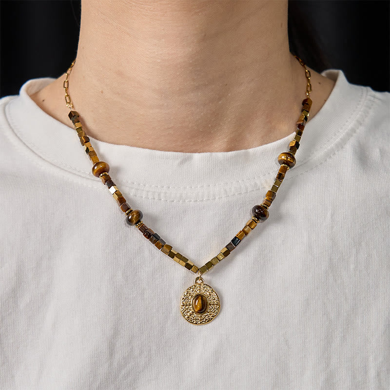 Wear FengShui Natural Tiger Eye Square Protection Titanium Steel Necklace Pendant
