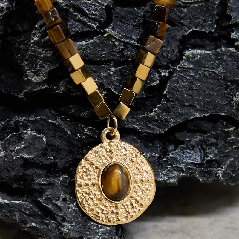 Wear FengShui Natural Tiger Eye Square Protection Titanium Steel Necklace Pendant