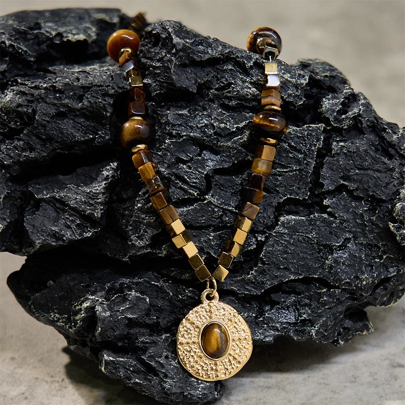 Wear FengShui Natural Tiger Eye Square Protection Titanium Steel Necklace Pendant
