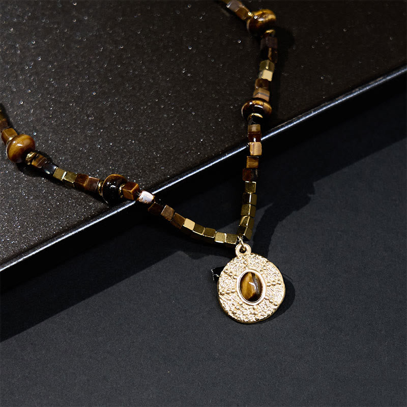 Wear FengShui Natural Tiger Eye Square Protection Titanium Steel Necklace Pendant