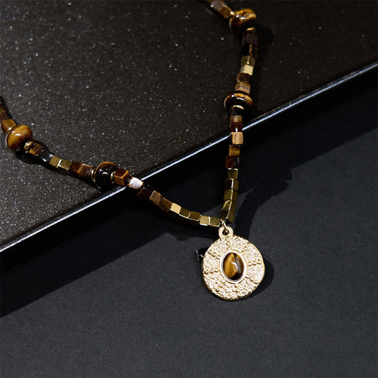 Wear FengShui Natural Tiger Eye Square Protection Titanium Steel Necklace Pendant