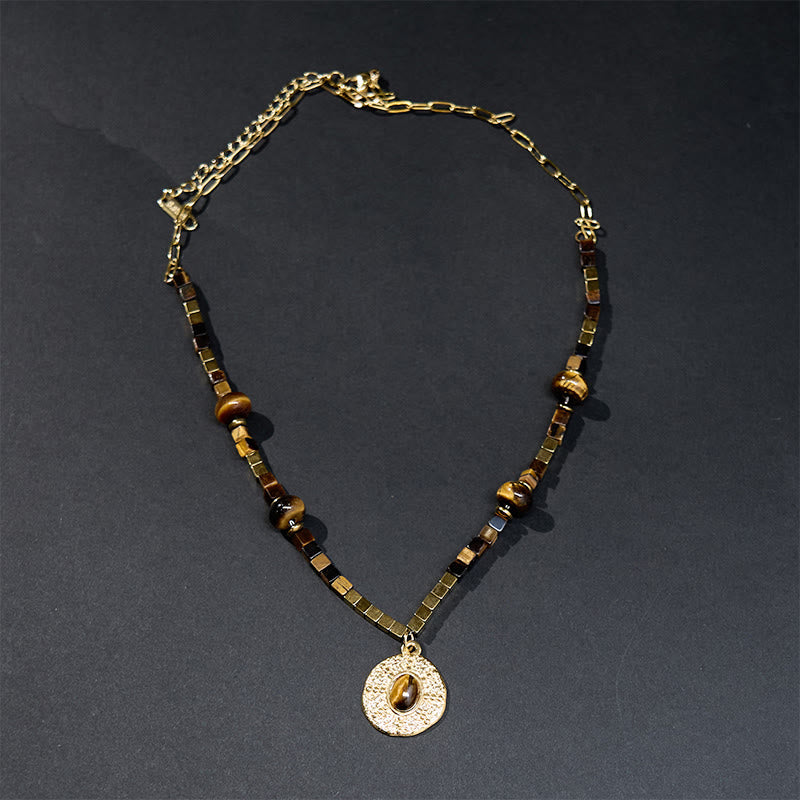 Wear FengShui Natural Tiger Eye Square Protection Titanium Steel Necklace Pendant
