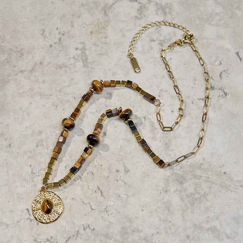 Wear FengShui Natural Tiger Eye Square Protection Titanium Steel Necklace Pendant