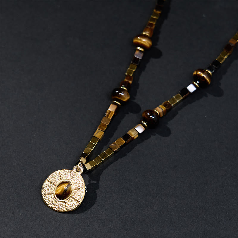 Wear FengShui Natural Tiger Eye Square Protection Titanium Steel Necklace Pendant