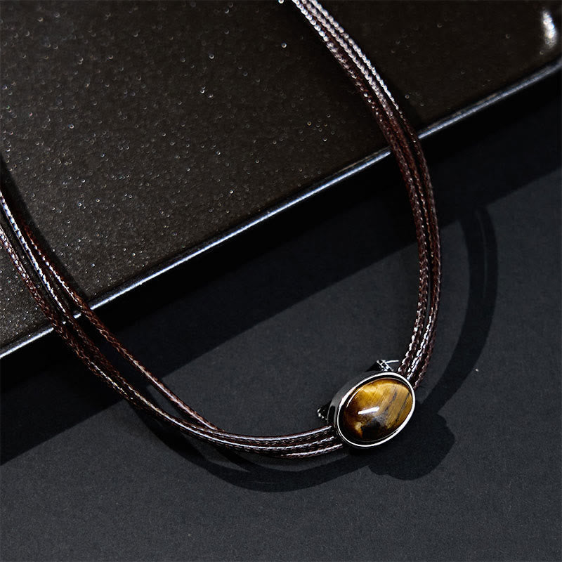 Wear FengShui Natural Tiger Eye Ellipse Protection Wax Rope Necklace Pendant