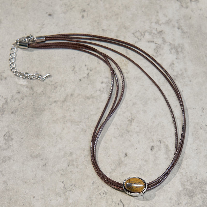 Wear FengShui Natural Tiger Eye Ellipse Protection Wax Rope Necklace Pendant