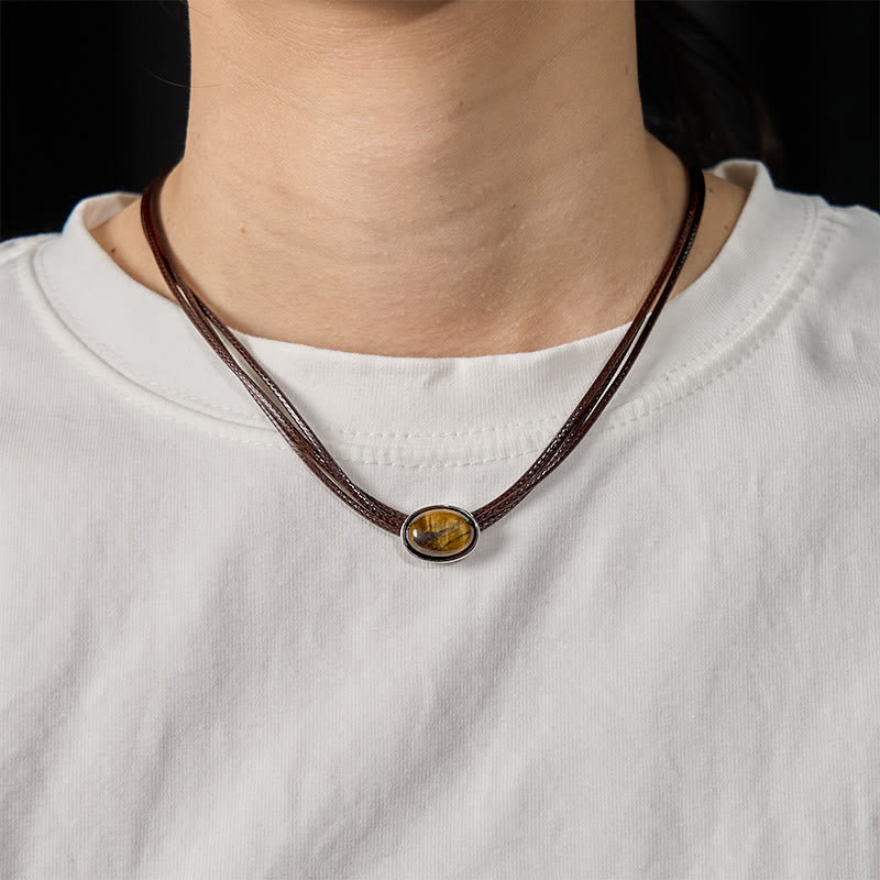 Wear FengShui Natural Tiger Eye Ellipse Protection Wax Rope Necklace Pendant