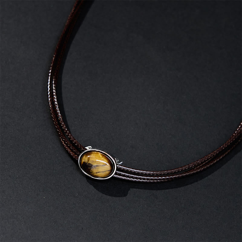 Wear FengShui Natural Tiger Eye Ellipse Protection Wax Rope Necklace Pendant