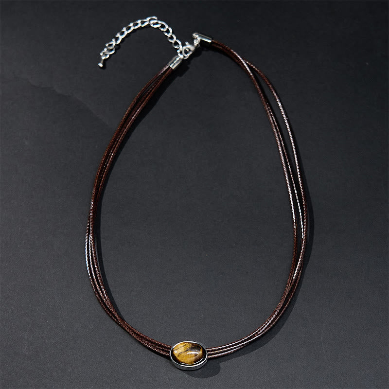 Wear FengShui Natural Tiger Eye Ellipse Protection Wax Rope Necklace Pendant