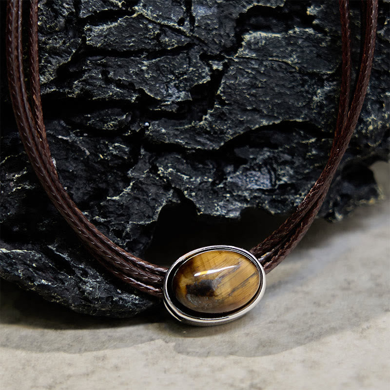 Wear FengShui Natural Tiger Eye Ellipse Protection Wax Rope Necklace Pendant