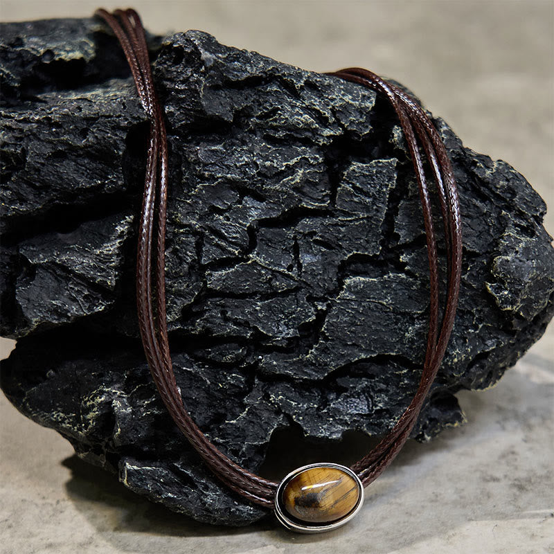 Wear FengShui Natural Tiger Eye Ellipse Protection Wax Rope Necklace Pendant