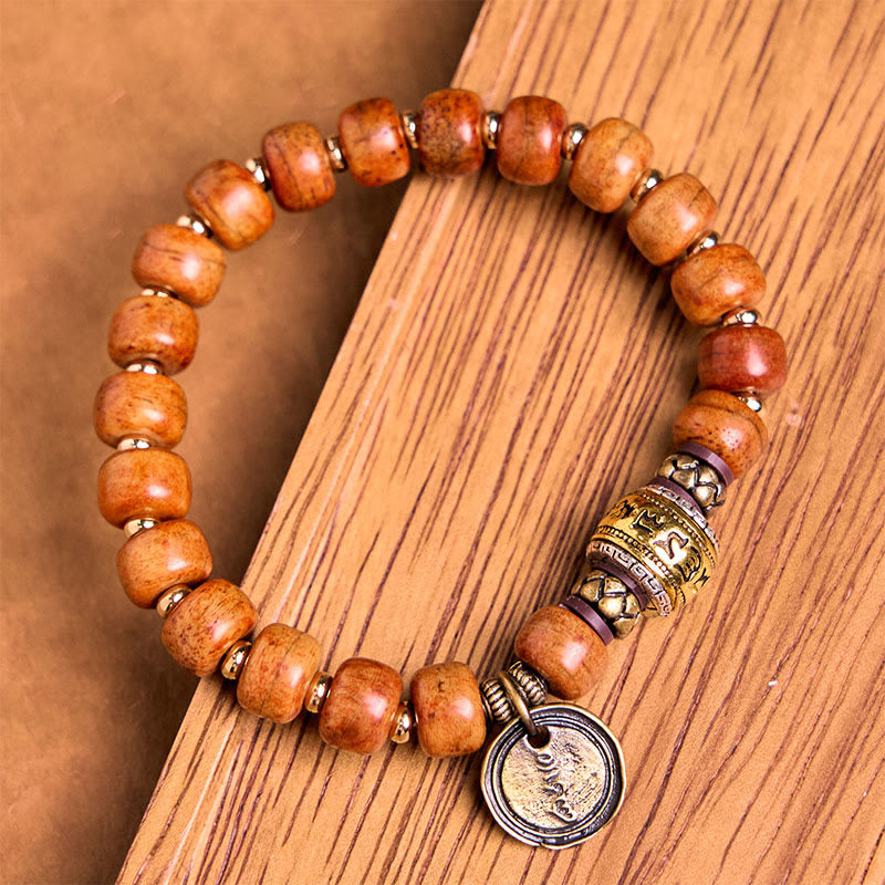 Wear FengShui Natural Tibetan Camel Bone Barrel Beads OM Sanskrit Luck Protection Bracelet