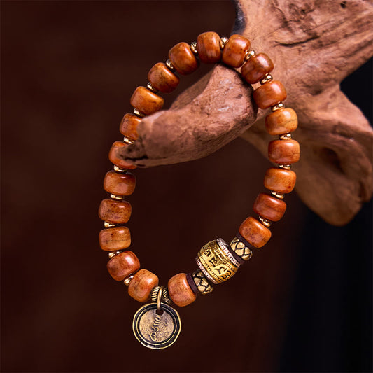Wear FengShui Natural Tibetan Camel Bone Barrel Beads OM Sanskrit Luck Protection Bracelet