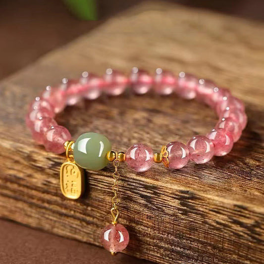 Wear FengShui Natural Strawberry Quartz Fu Character Jade Positive Healing Bracelet