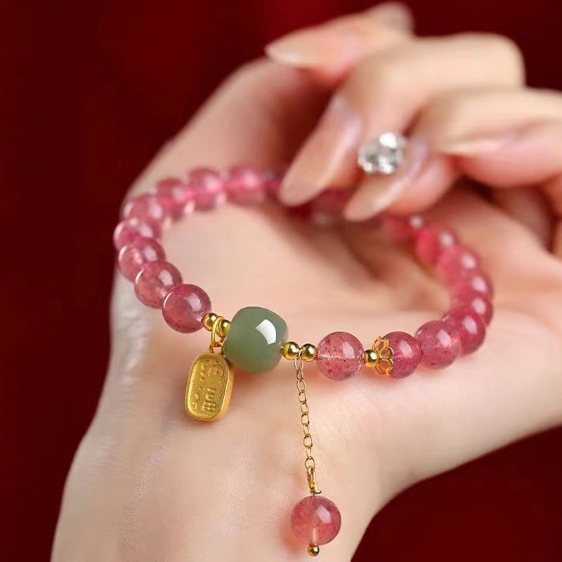 Wear FengShui Natural Strawberry Quartz Fu Character Jade Positive Healing Bracelet