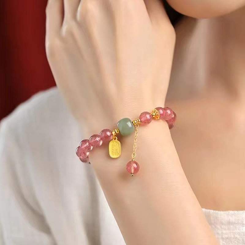 Wear FengShui Natural Strawberry Quartz Fu Character Jade Positive Healing Bracelet
