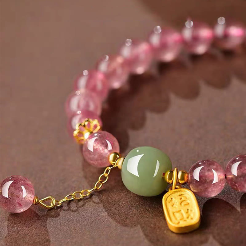 Wear FengShui Natural Strawberry Quartz Fu Character Jade Positive Healing Bracelet