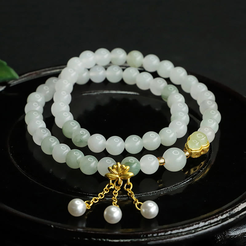 Wear FengShui Natural Tianshan Jade Lotus Gourd Double Circle Prosperity Bracelet